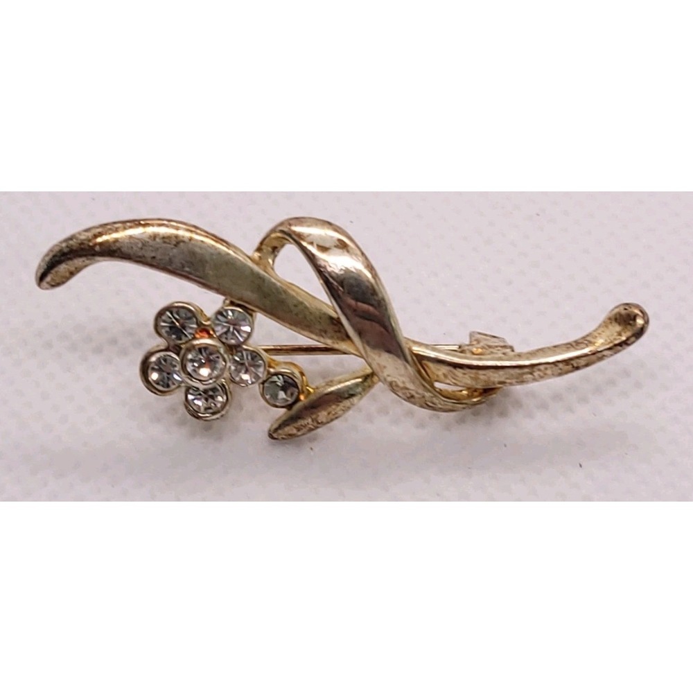 Gold Tone Clear Rhinestone Flower Ribbon Swirl Brooch Pin Sculptural 44mm